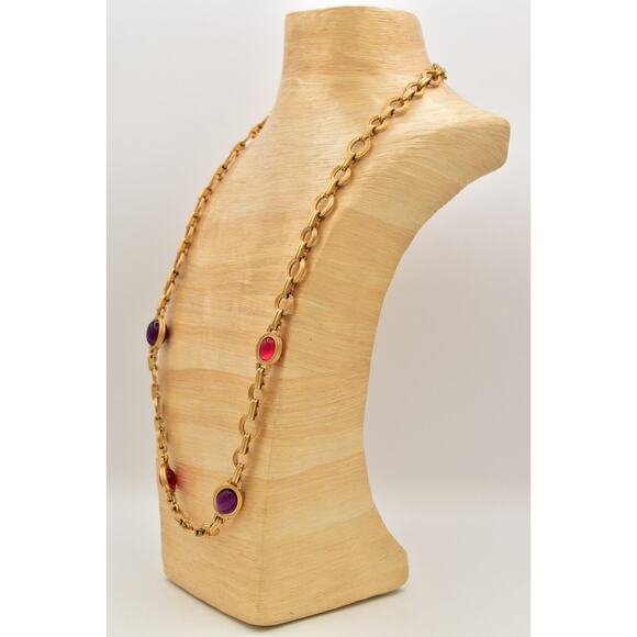 Monet for YSL Vintage Cabochon Necklace Purple Fuchsia Chunky Signed 1980s BinK - Picture 16 of 16